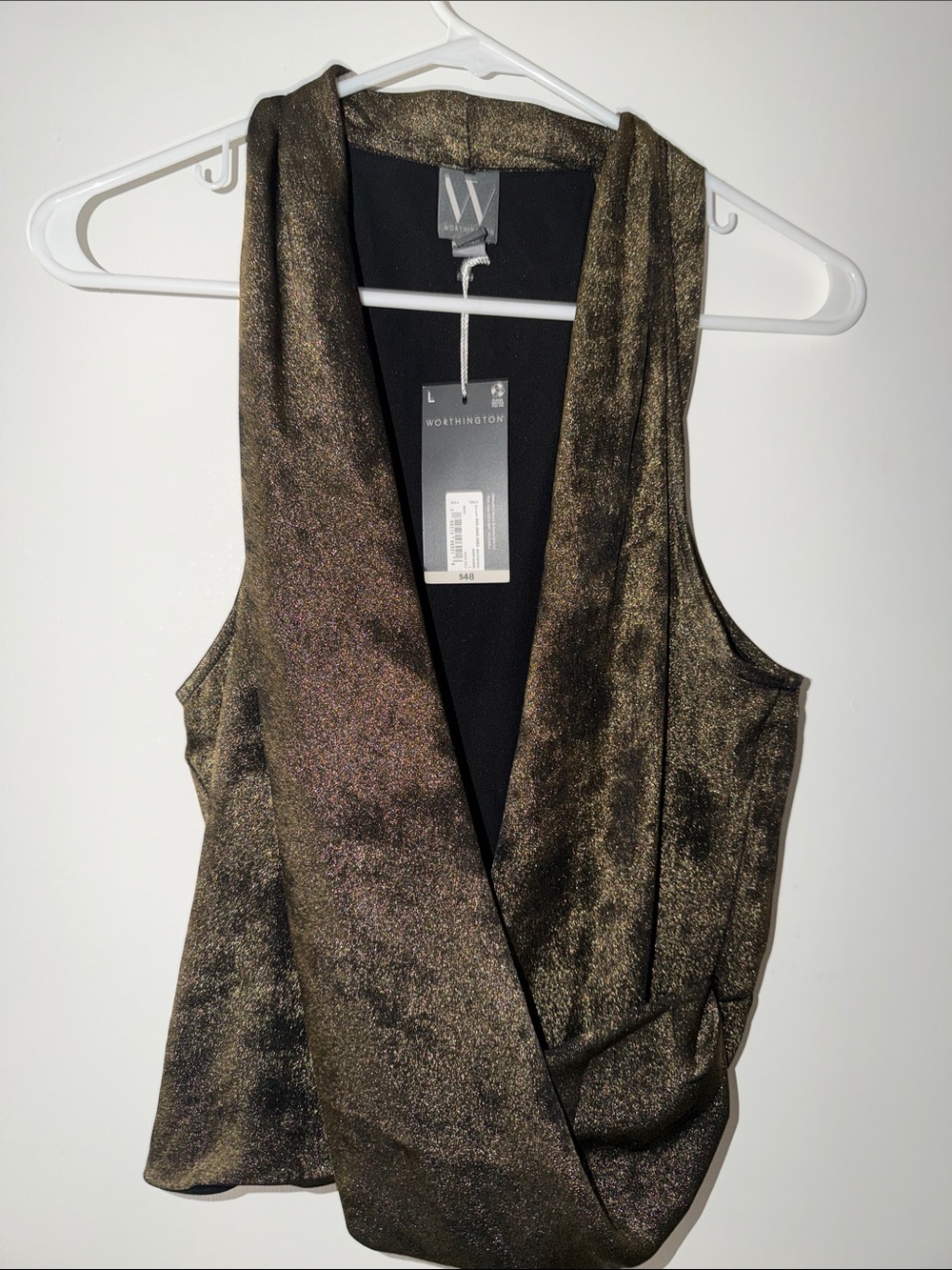 Worthington Shimmery Bronze-Green Draped Sleeveless Wrap Top